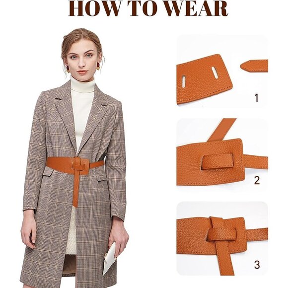 Women Leather Waist Belt Vintage Irregular Dress Tie Knot Brown L
